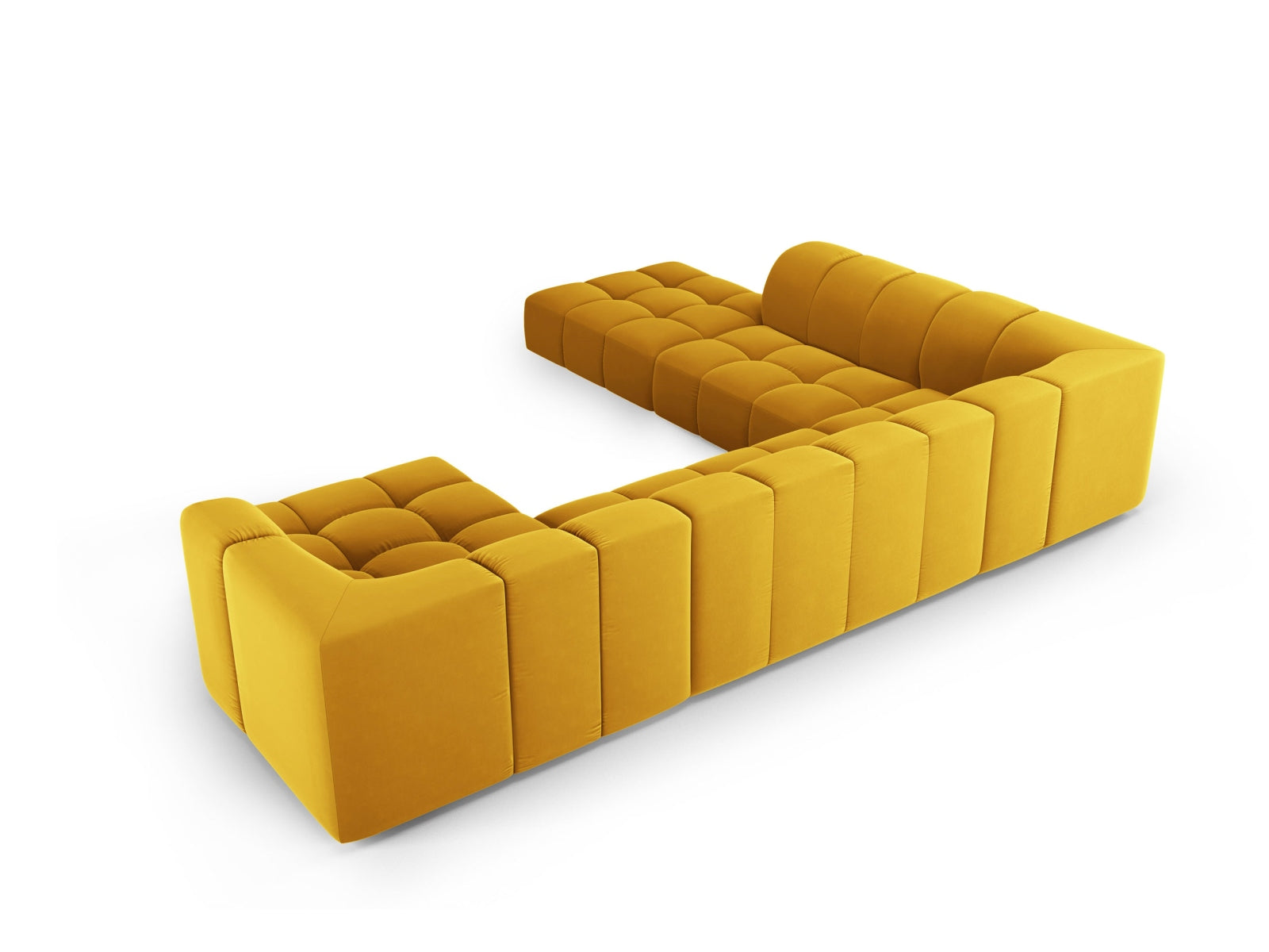 Elegantes 7-Sitzer Ecksofa Panoramic links Moritz in trendigem Gelb-Bluvel, perfekt für stilvolle Wohnzimmer von Cosmopolitan Design.