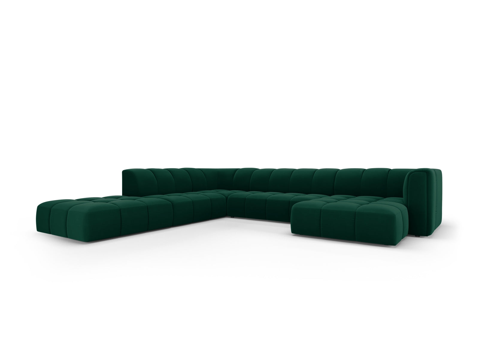 Elegantes 7-Sitzer Ecksofa Moritz in Panoramic-Design, linksseitig, in stilvollem Bottle Green-Bluvel, ideal für moderne Wohnräume.