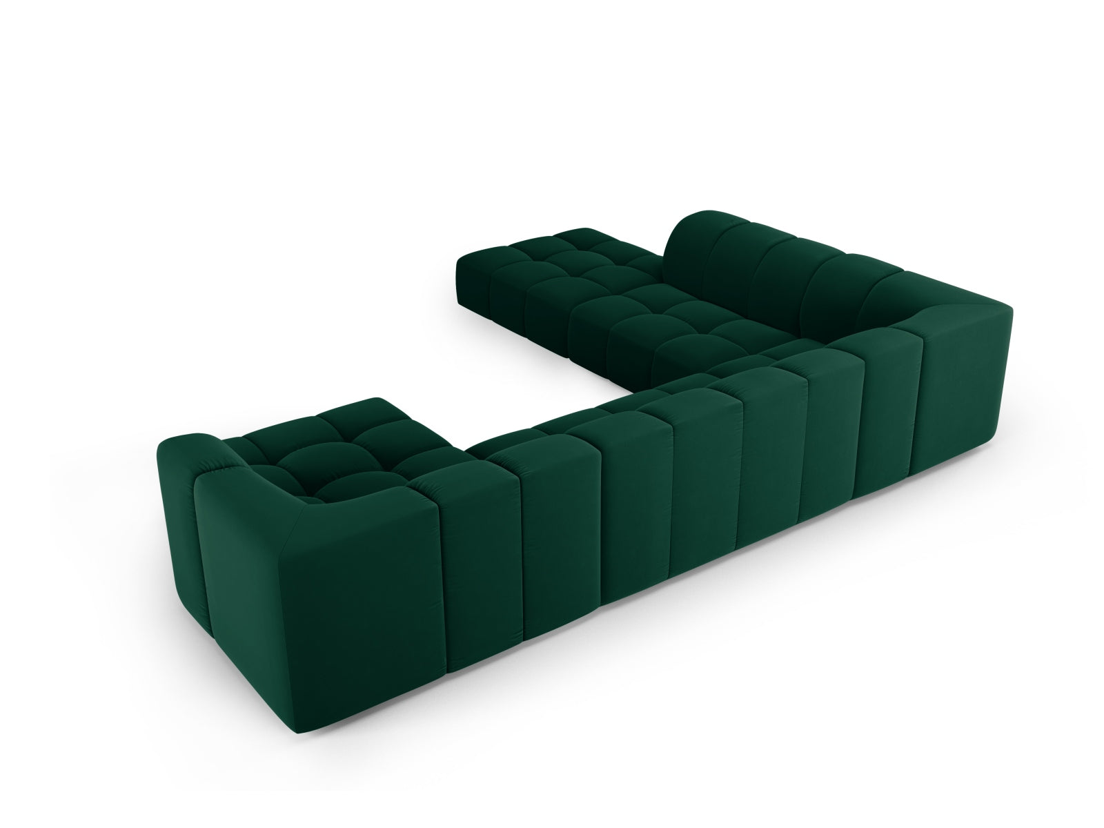Geräumiges 7-Sitzer Ecksofa Moritz im Panoramic-Stil, linksseitig, in edlem Bottle Green-Bluvel, perfekt für zeitgemäße Wohnkonzepte.