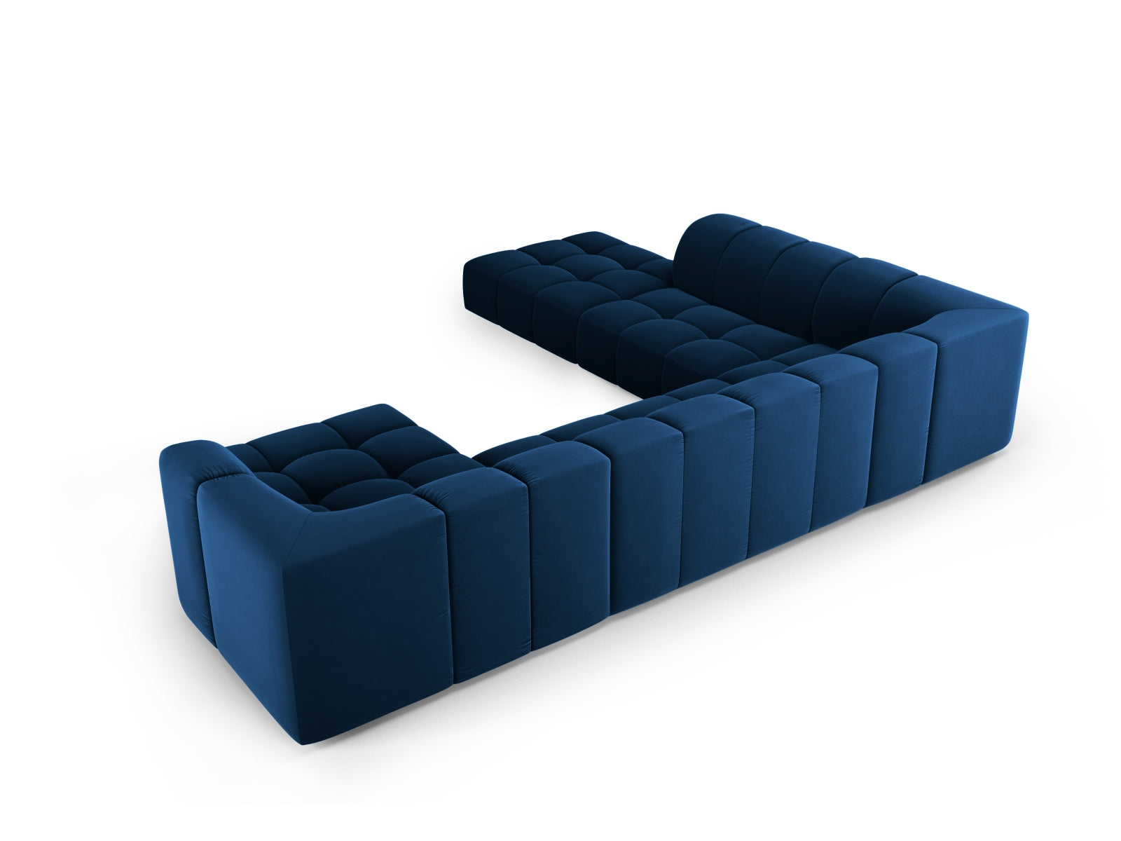 Modulares 7-Sitzer Ecksofa Moritz in Royal Blue-Bluvel, perfekt für großzügige Wohnlandschaften, vereint Komfort und modernes Design.