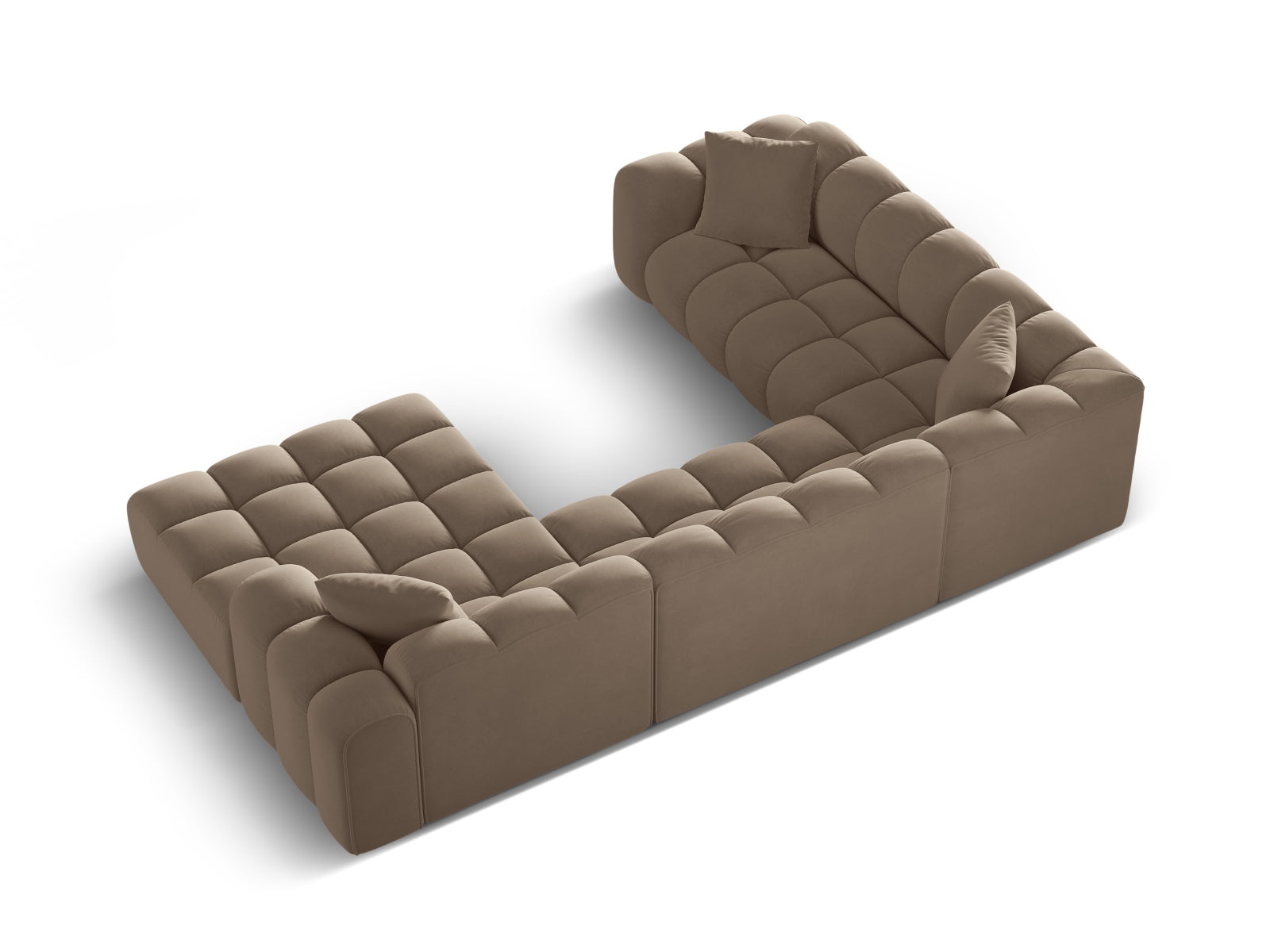 Stilvolles 4-Sitzer Panoramic Ecksofa links Treno in edlem Cappuccino-Bluvel, perfekt für einladende und zeitgemäße Wohnambiente.