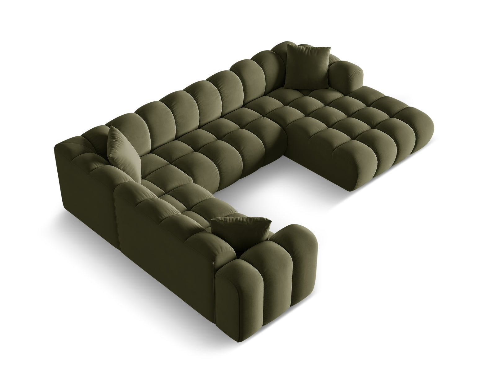 Elegantes 4-Sitzer Panoramic Ecksofa links Treno in trendigem Green-Bluvel, ideal für gemütliche und moderne Wohnräume.