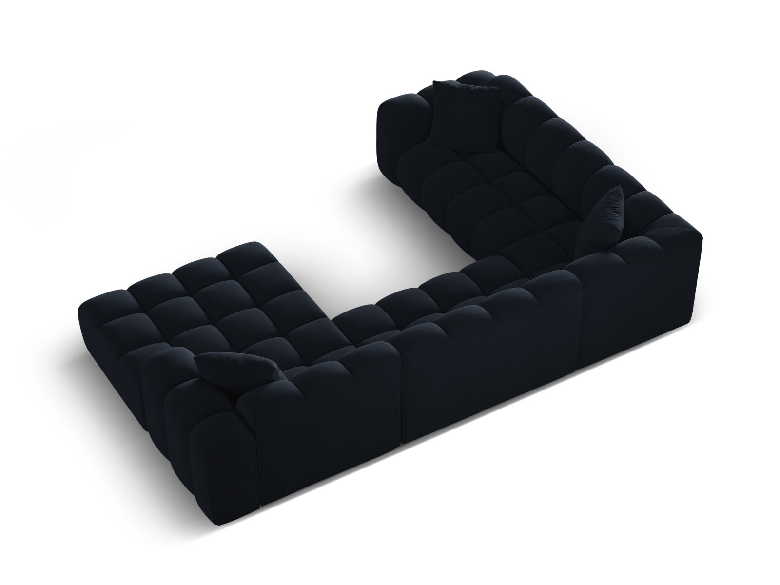 Stilvolles 4-Sitzer Panoramic Ecksofa Treno in edlem Blau, perfekt für gesellige Abende und zeitgemäße Einrichtung.