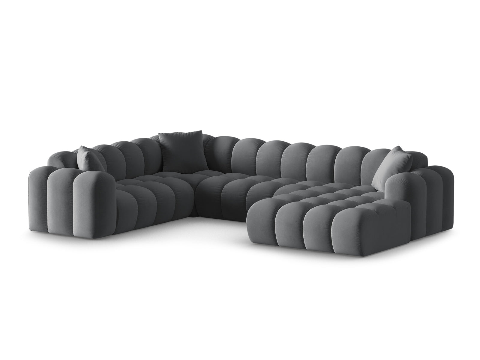Elegantes 4-Sitzer Panoramic Ecksofa links Treno in stilvollem Grey-Bluvel, ideal für moderne Wohnräume.