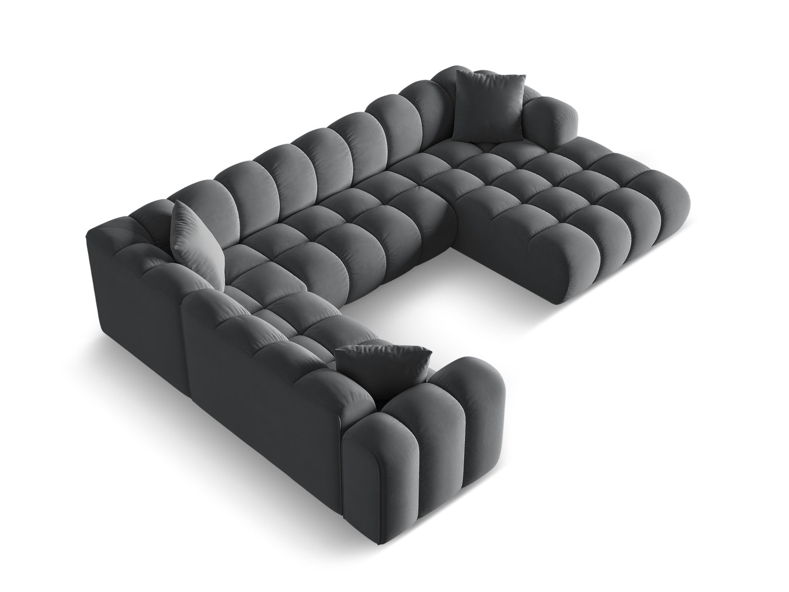 Elegantes 4-Sitzer Panoramic Ecksofa Treno in Grau-Bluvel, ideal für entspannte Abende und modernes Wohndesign.