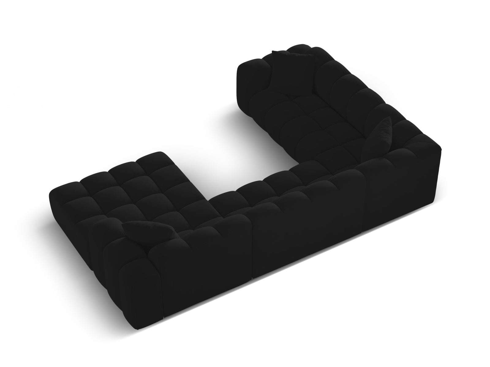 Modernes 4-Sitzer Panoramic Ecksofa links Treno in stilvollem Black-Bluvel, perfekt für gemütliche Abende und stilvolle Einrichtung.