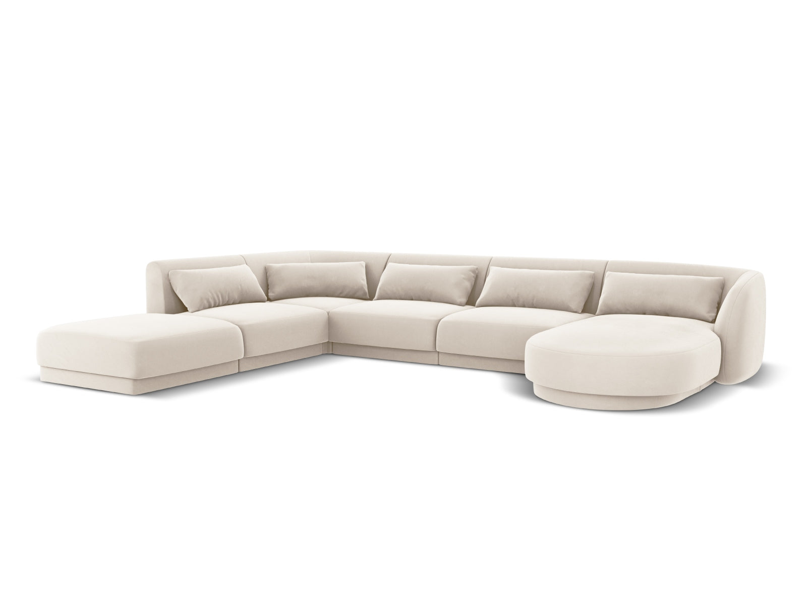 Modernes Tulum Velour Panoramic Ecksofa links in zartem Beige, perfekt für großzügige Wohnzimmer, bietet Platz für 6 Personen, 255 cm.