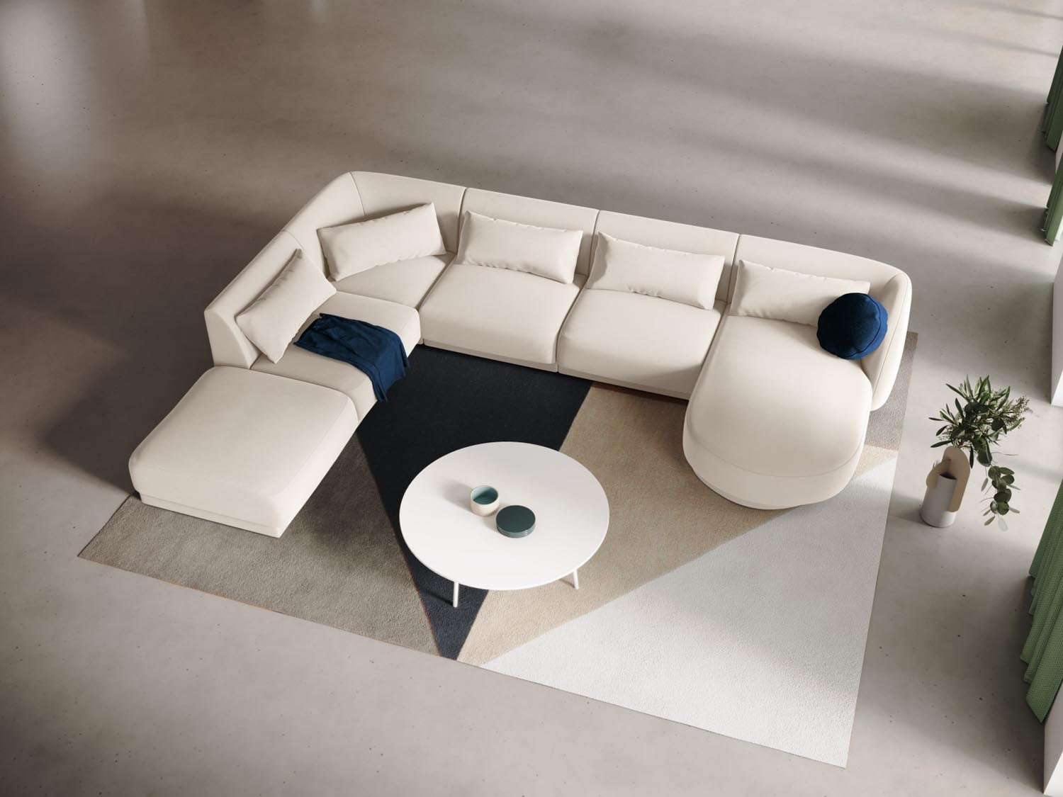 Elegantes Tulum Velour Panoramic Ecksofa links in sanftem Beige, ideal für stilvolle Wohnräume, 6 Sitzer, 255 cm.