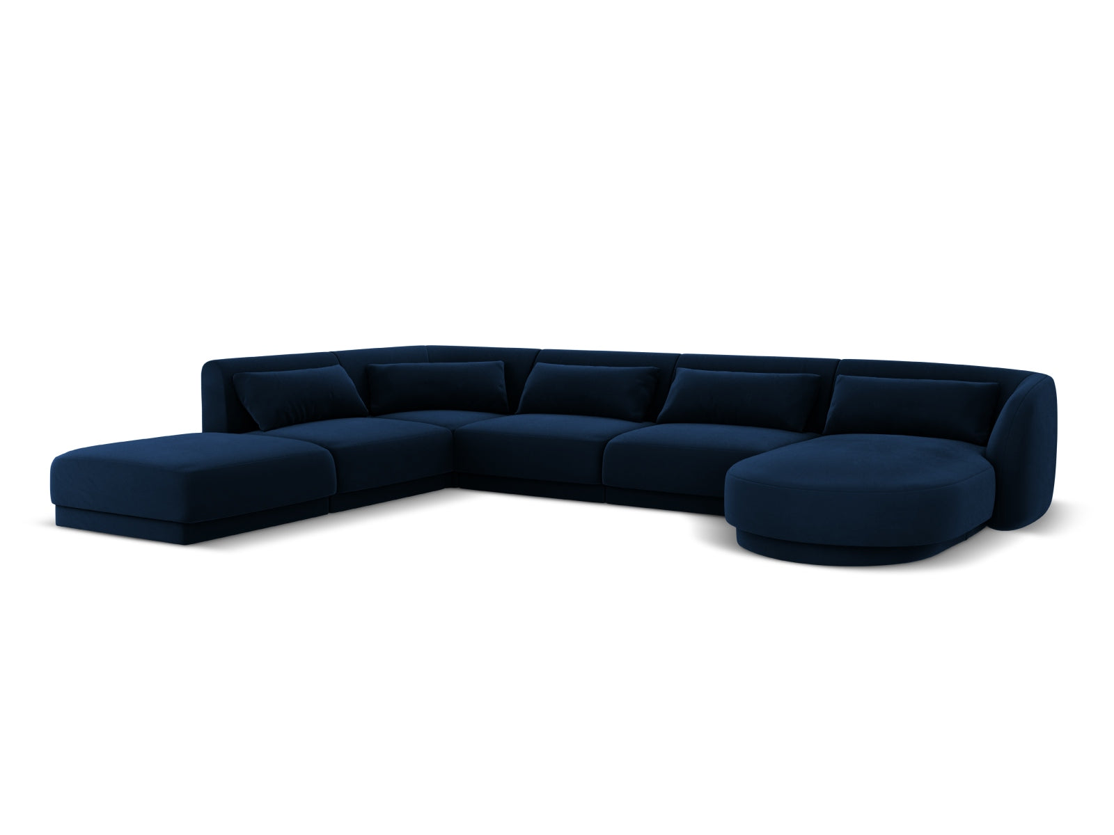 Modernes Tulum Velour Panoramic Ecksofa links in Royal Blue, perfekt für gesellige Abende, bietet großzügigen Platz für 6 Personen.