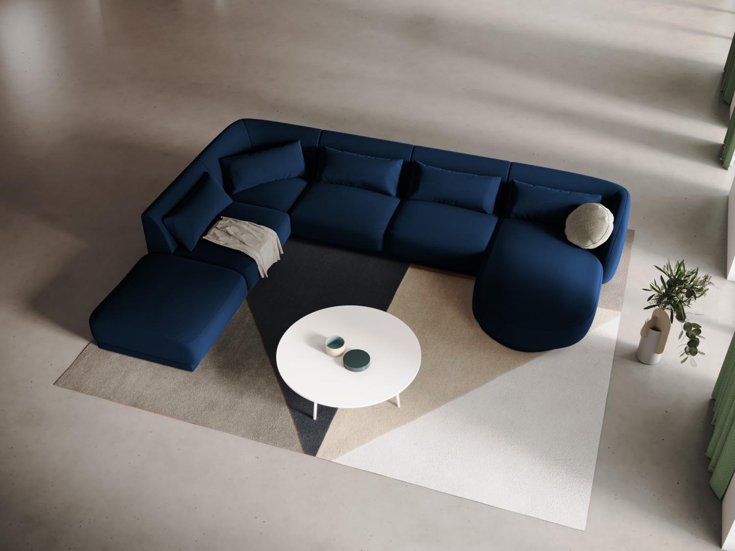 Elegantes Tulum Velour Panoramic Ecksofa links in Royal Blue, ideal für stilvolle Wohnräume, bietet Platz für bis zu 6 Personen.