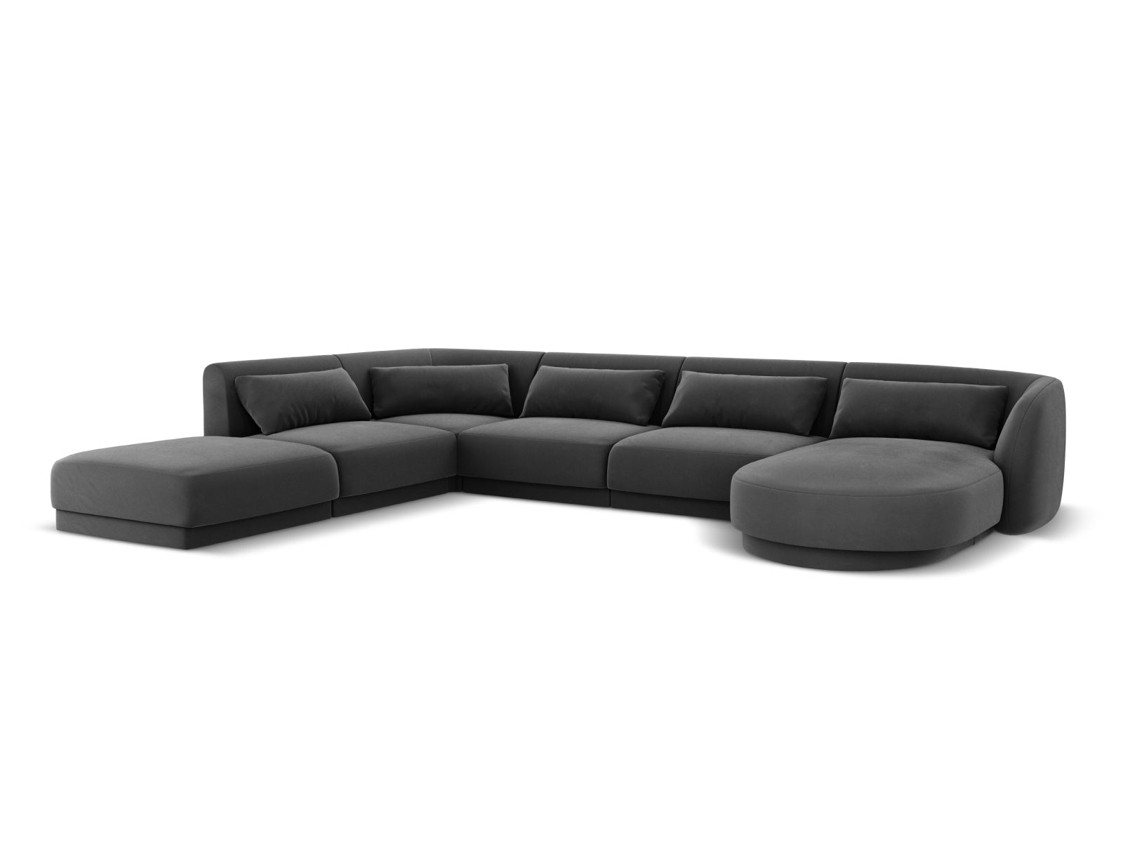 Modernes Tulum Velour Panoramic Ecksofa links in Grau-Blau, perfekt für gesellige Abende, bietet großzügigen Platz für 6 Personen.