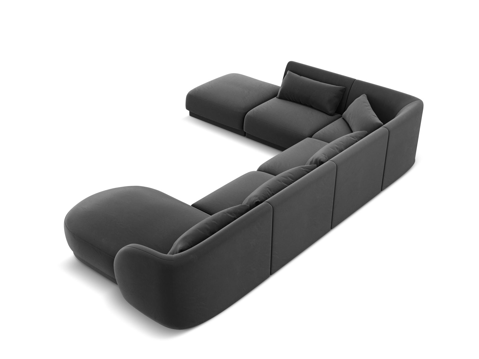 Elegantes Tulum Velour Panoramic Ecksofa links in stilvollem Grau-Blau, ideal für entspannte Abende mit Freunden, bietet Platz für bis zu 6 Personen.