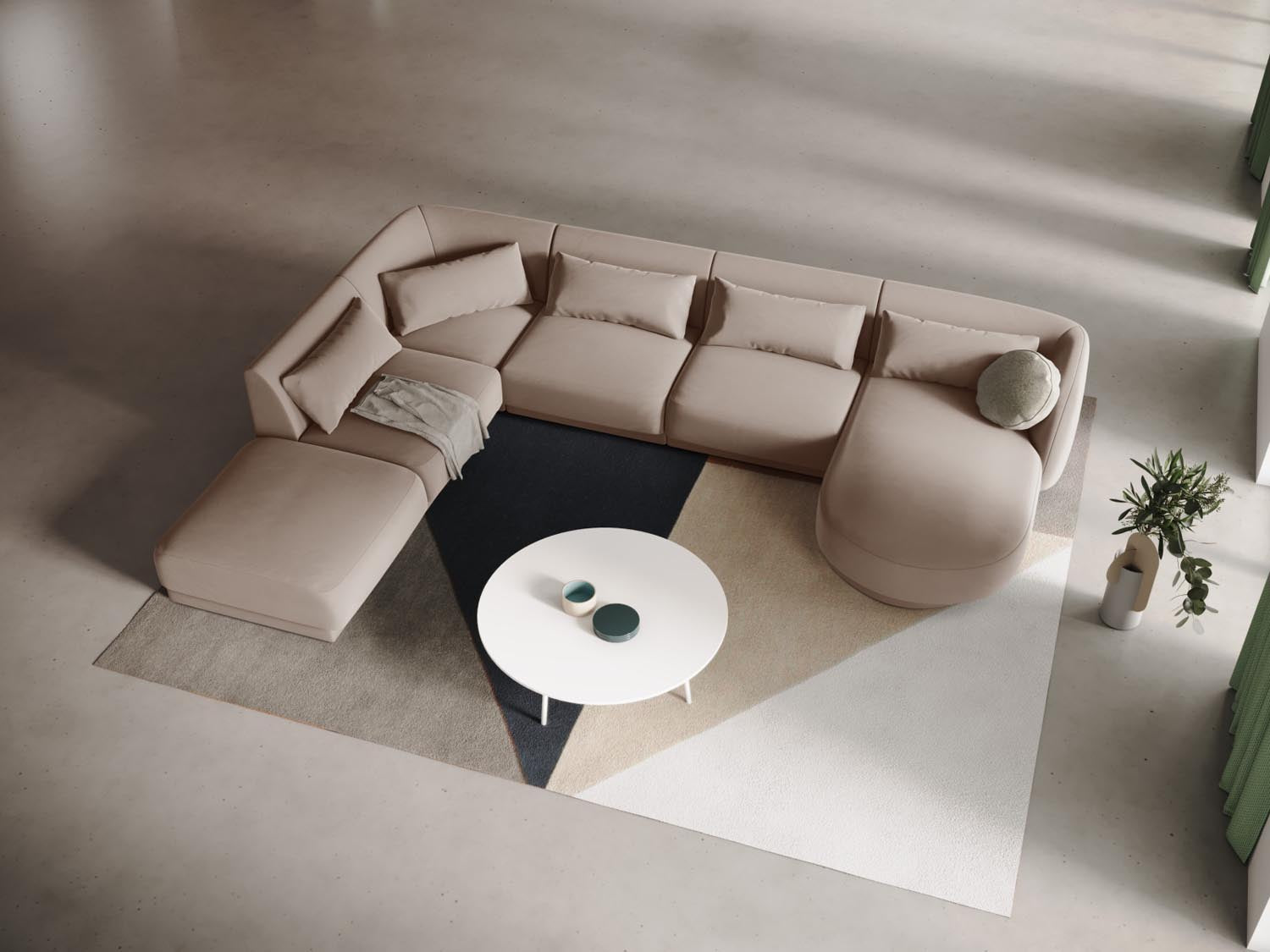 Beige-Bluvel Tulum Velour Panoramic Ecksofa links, 6 Sitzer, 255 cm, stilvolles Design für modernen Wohnraum, präsentiert von KAQTU Design AG.