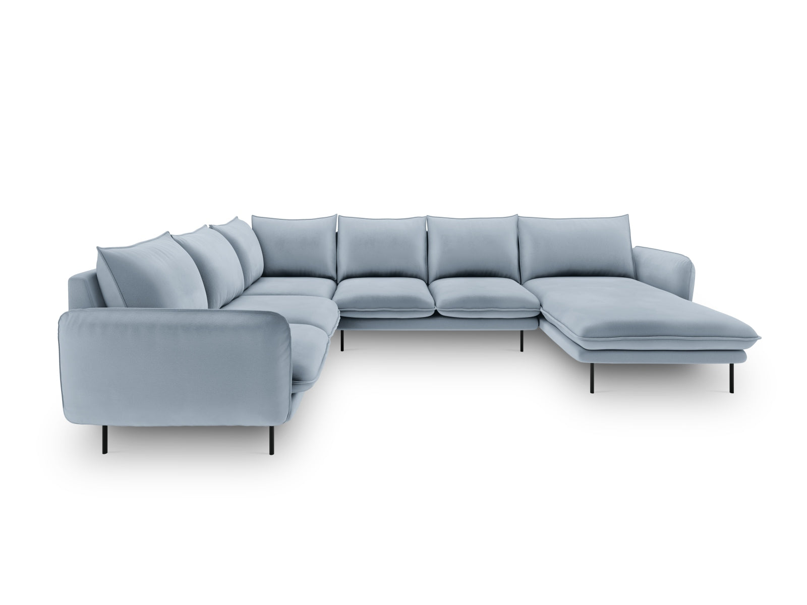 Elegantes, 7-sitziges Ecksofa in hellblau und Schwarz, ideal für stilvolle Wohnräume. Perfekte Kombination aus Komfort und Design.