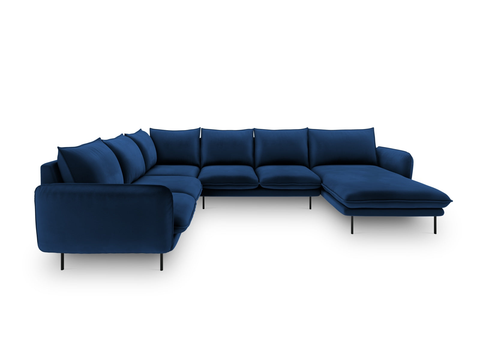 Elegantes 7-sitziges Ecksofa in Royal Blue mit Velourbezug, ideal für stilvolle Wohnräume, präsentiert von Cosmopolitan Design.
