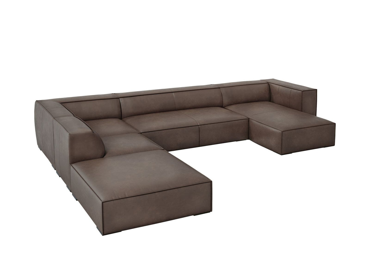 Panorama-Ecksofa links Turin aus Rindsleder in Grau-Braun-Granada, mit Buchenholzbeinen, Récamiere und Rückenkissen, 6 Sitzplätze.