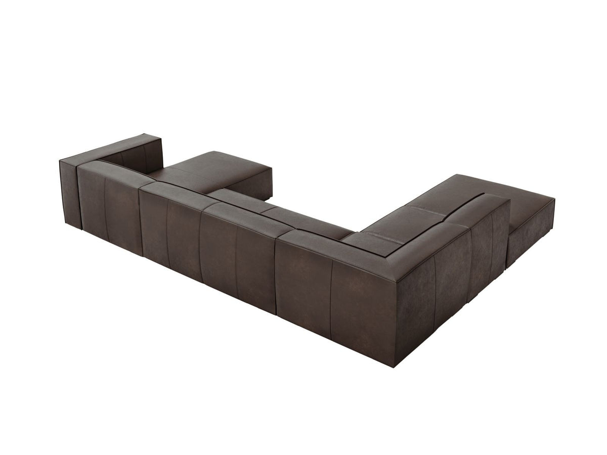 Panorama-Ecksofa links Turin aus Rindsleder in Grau-Braun-Granada, mit Buchenholzbeinen, Récamiere und Rückenkissen, 6 Sitzplätze.