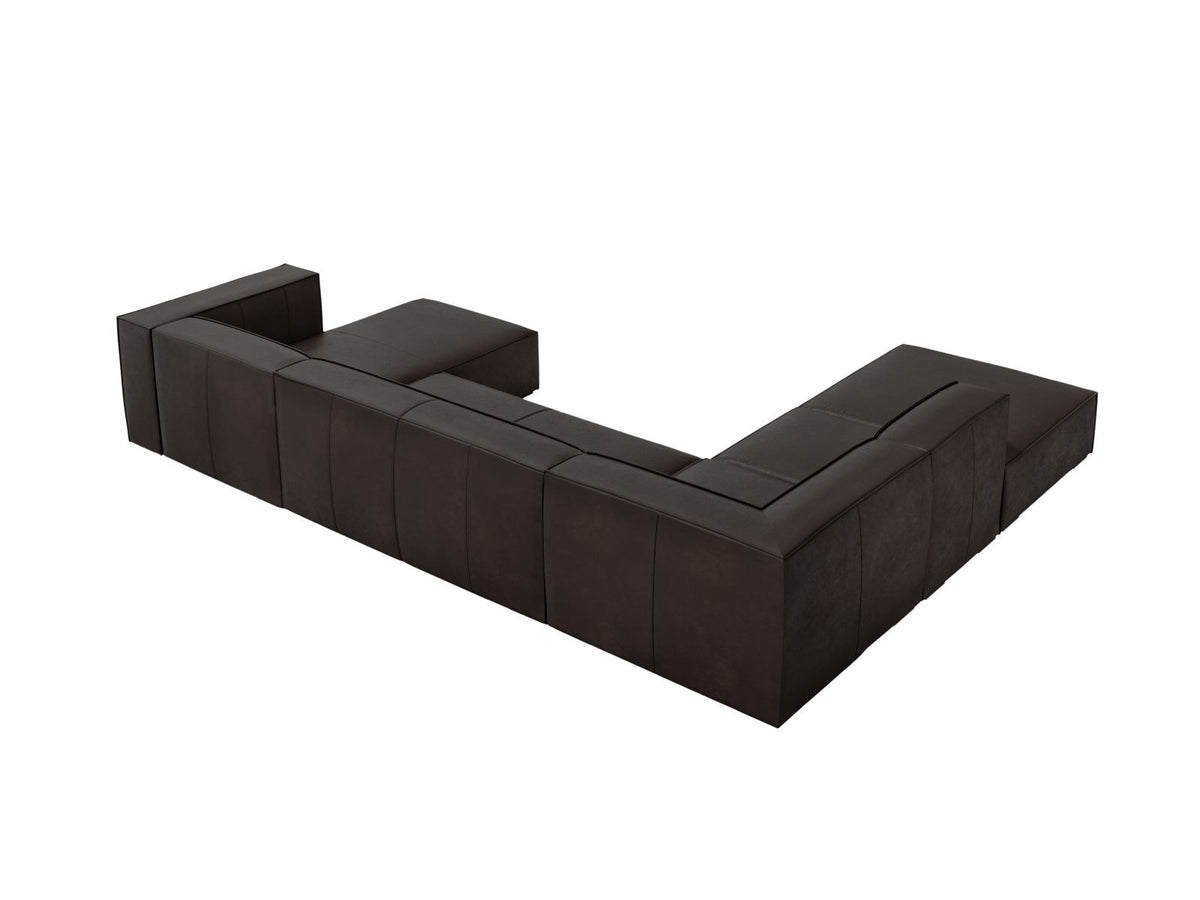 Panorama-Ecksofa links Turin aus Rindsleder in Grau-Braun-Granada, mit Buchenholzbeinen, Récamiere und Rückenkissen, 6 Sitzplätze.