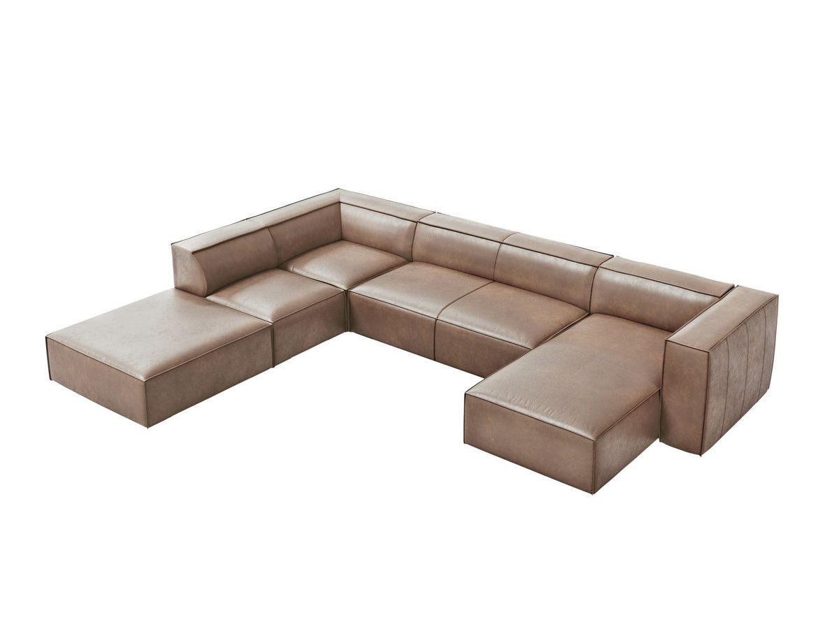 Panorama-Ecksofa links Turin aus Rindsleder in Grau-Braun-Granada, mit Buchenholzbeinen, Récamiere und Rückenkissen, 6 Sitzplätze.
