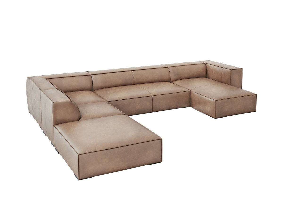 Panorama-Ecksofa links Turin aus Rindsleder in Grau-Braun-Granada, mit Buchenholzbeinen, Récamiere und Rückenkissen, 6 Sitzplätze.