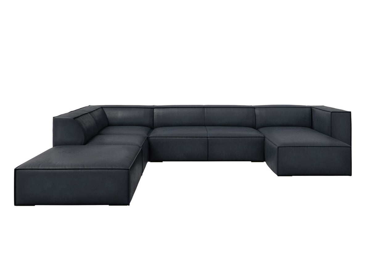 Panorama-Ecksofa links Turin aus Rindsleder in Grau-Braun-Granada, mit Buchenholzbeinen, Récamiere und Rückenkissen, 6 Sitzplätze.