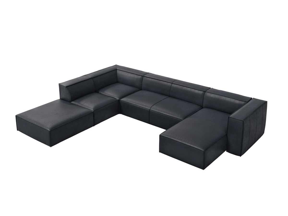 Panorama-Ecksofa links Turin aus Rindsleder in Grau-Braun-Granada, mit Buchenholzbeinen, Récamiere und Rückenkissen, 6 Sitzplätze.