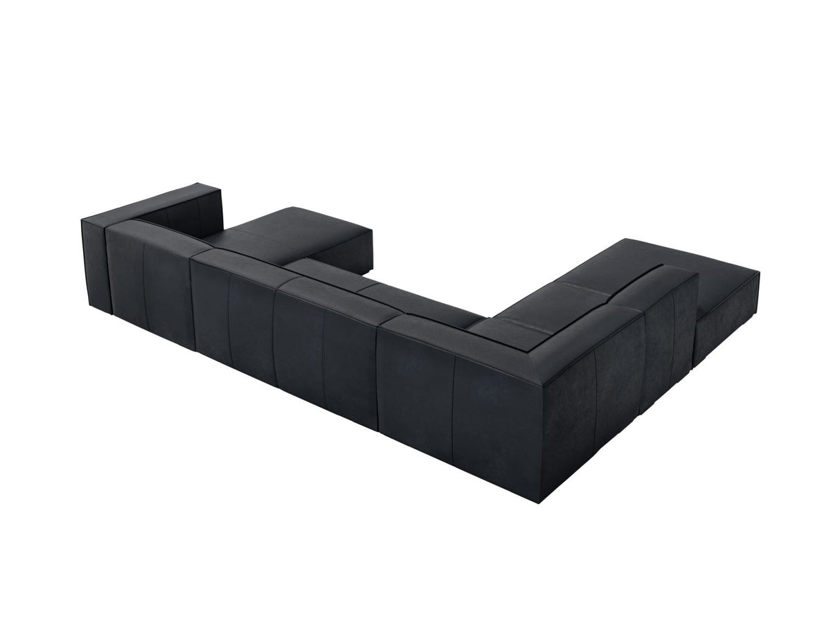 Panorama-Ecksofa links Turin aus Rindsleder in Grau-Braun-Granada, mit Buchenholzbeinen, Récamiere und Rückenkissen, 6 Sitzplätze.