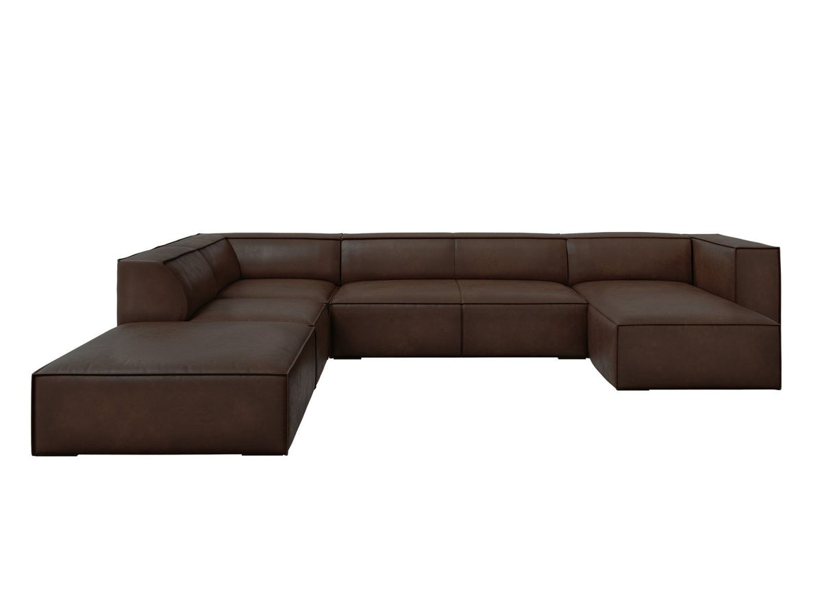 Panorama-Ecksofa links Turin aus Rindsleder in Grau-Braun-Granada, mit Buchenholzbeinen, Récamiere und Rückenkissen, 6 Sitzplätze.