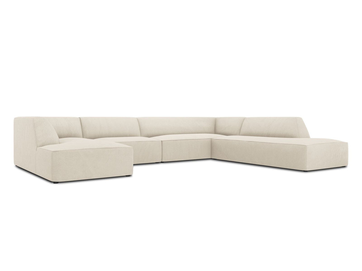 Siena Panorama-Ecksofa rechts von Cosmopolitan Design in Light Beige-Scala Cordstoff, Holzrahmen, schwarze Kunststoffbeine, 7-Sitzer, 366 x 273 cm.