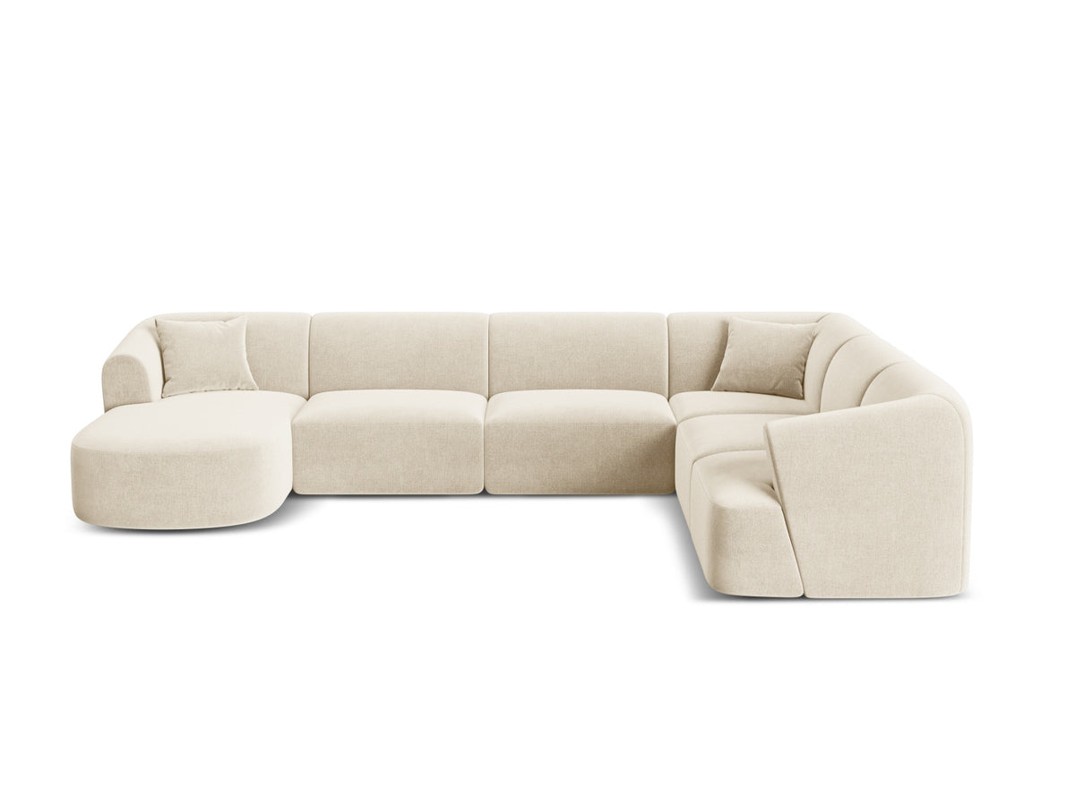 Modulares Ecksofa Campi mit Récamière rechts, Stoffbezug und schwarzen Beinen