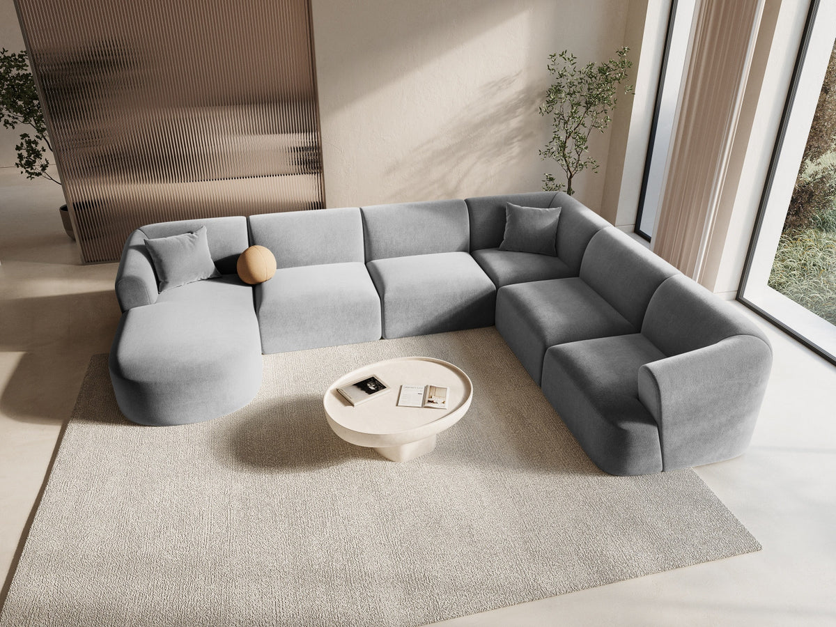 Modulares Ecksofa Campi mit Récamière rechts, Stoffbezug und schwarzen Beinen
