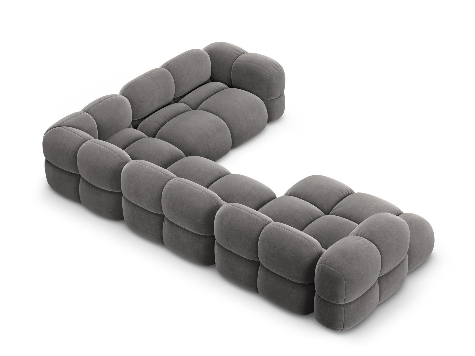 Elegantes Loretto Velour Panoramic Ecksofa in Grau, 5-Sitzer, ideal für stilvolle Wohnräume und entspannte Abende.