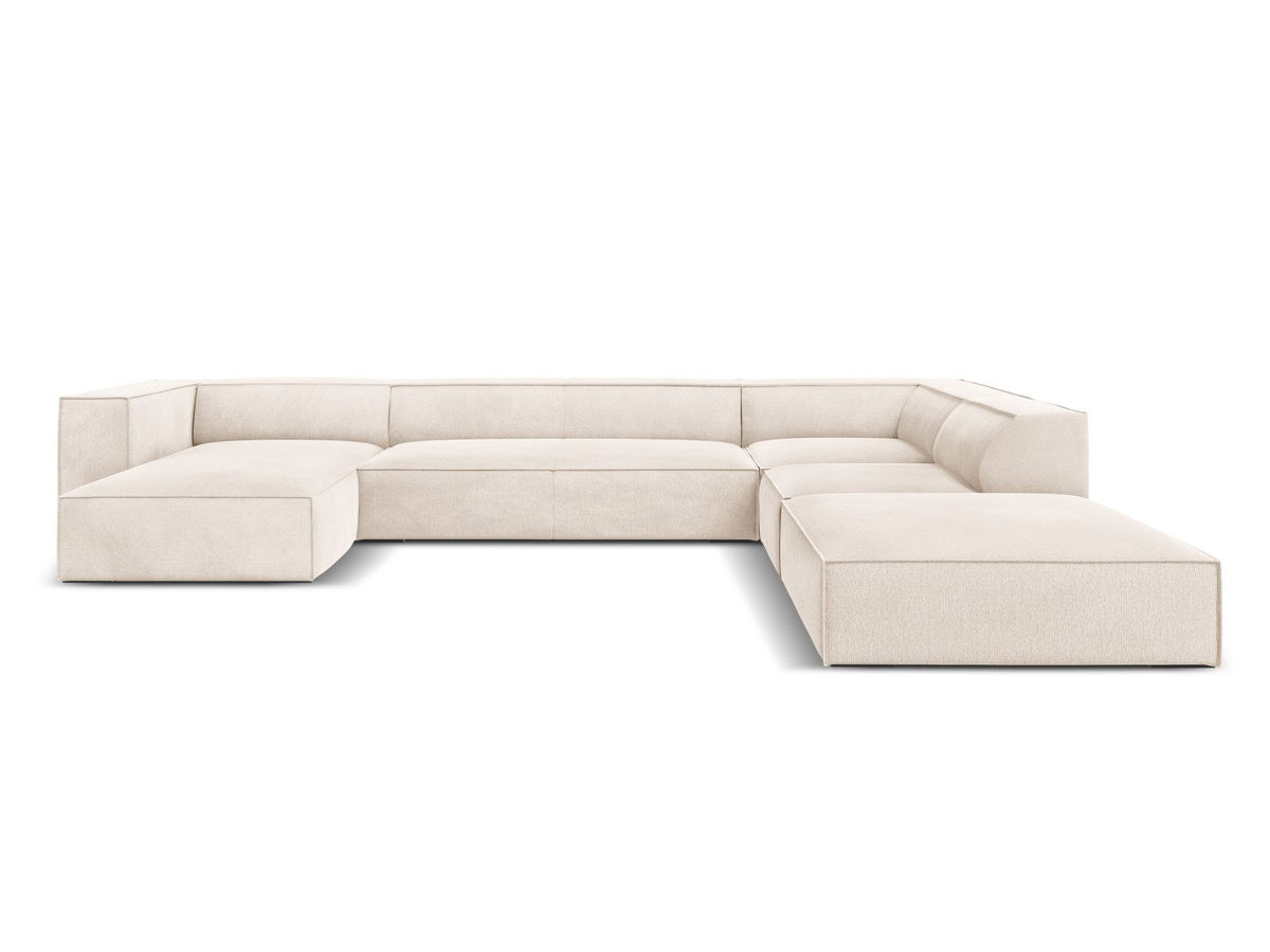 Ecksofa rechts Turin von Cosmopolitan Design in Light Beige-Rosario Chenille-Stoff mit Beinen aus schwarzem Buchenholz und weicher Sitzpolsterung.