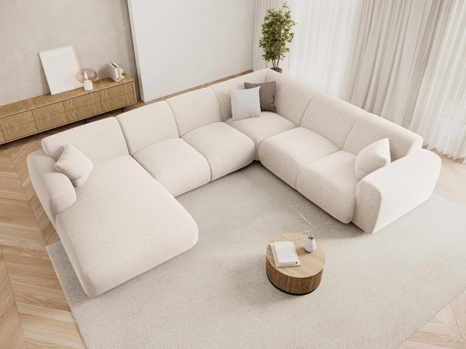 Elegantes Nolio Panoramic Ecksofa in Light Beige, 6-Sitzer, 252 cm, ideal für stilvolle Wohnräume, präsentiert von Cosmopolitan Design.