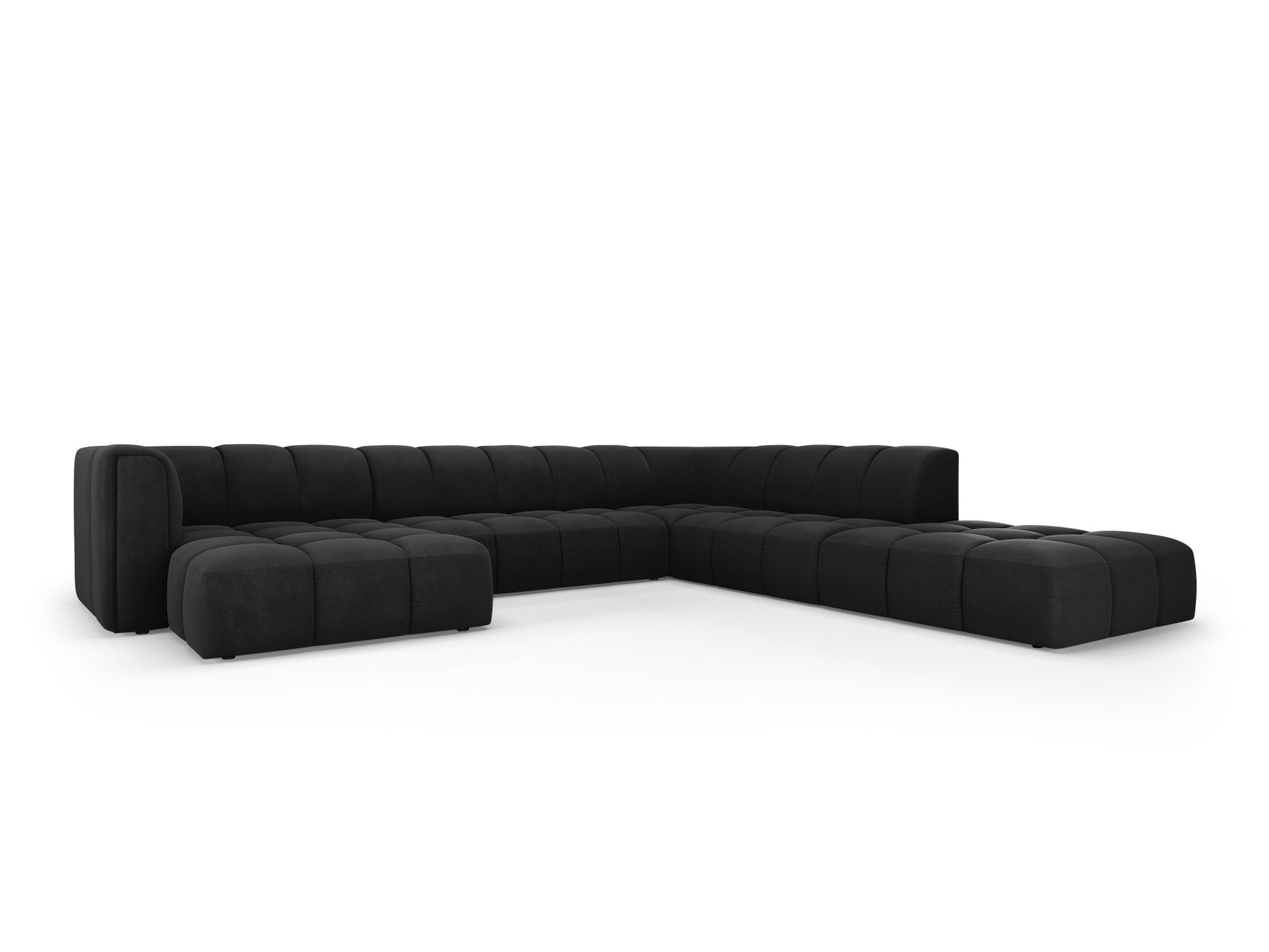 Elegantes 7-Sitzer Moritz Modular Ecksofa Panoramic rechts in stilvollem Schwarz, ideal für moderne Wohnräume.