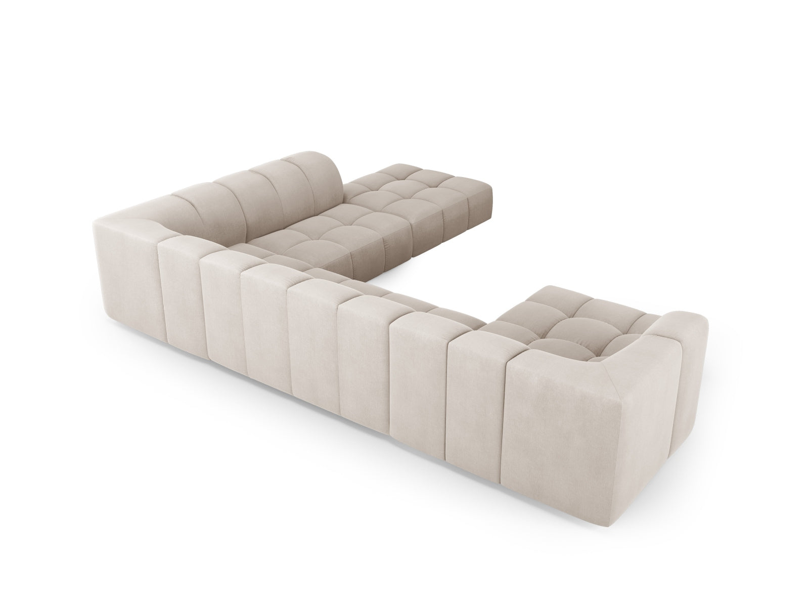 Beige 7-Sitzer Moritz Modular Ecksofa Panoramic rechts von Cosmopolitan Design, ideal für gemütliche Abende und stilvolle Wohnräume.