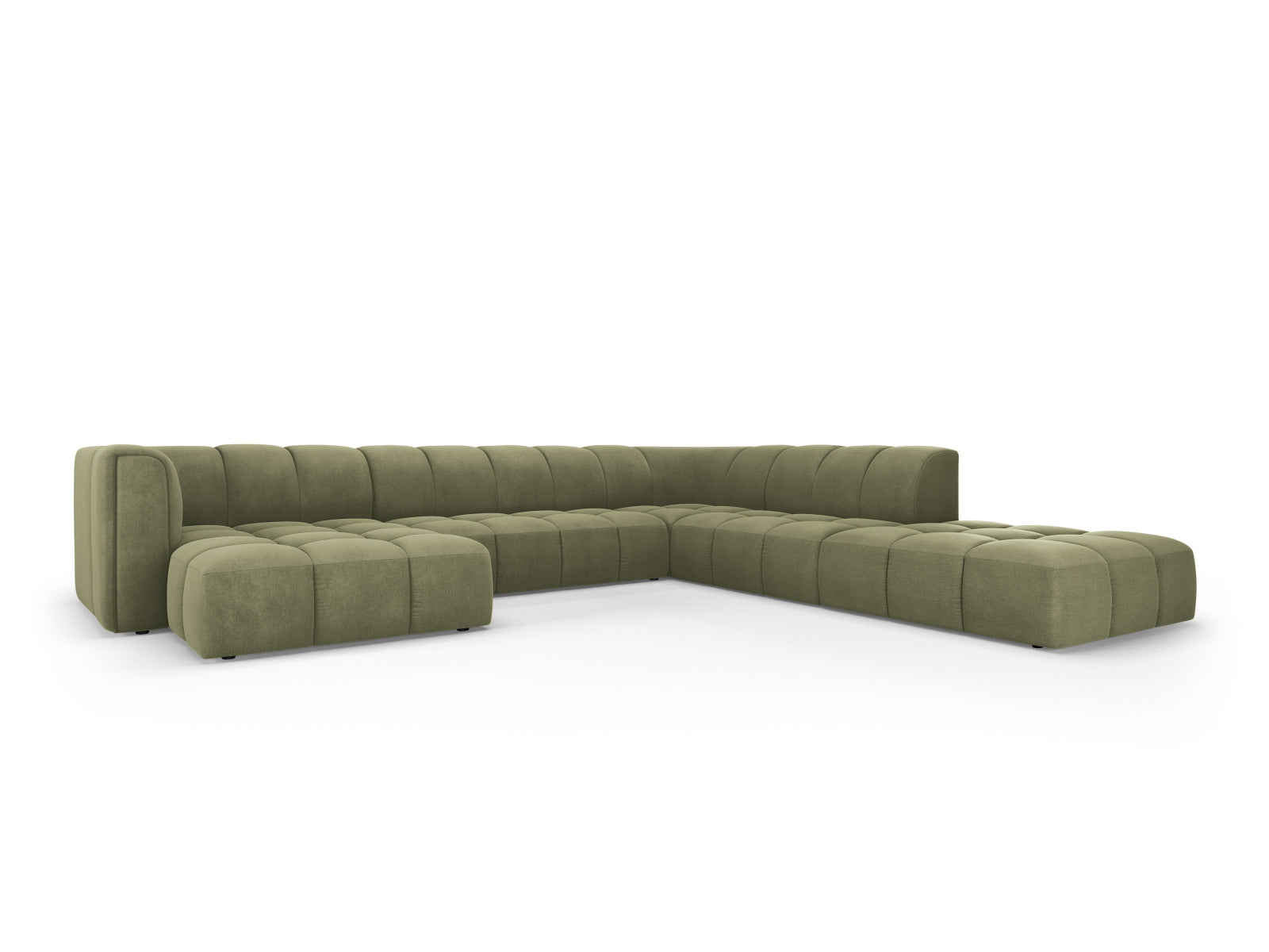 Elegantes 7-Sitzer Moritz Modular Ecksofa Panoramic rechts in sanftem Lichtgrün, ideal für stilvolle Wohnräume.