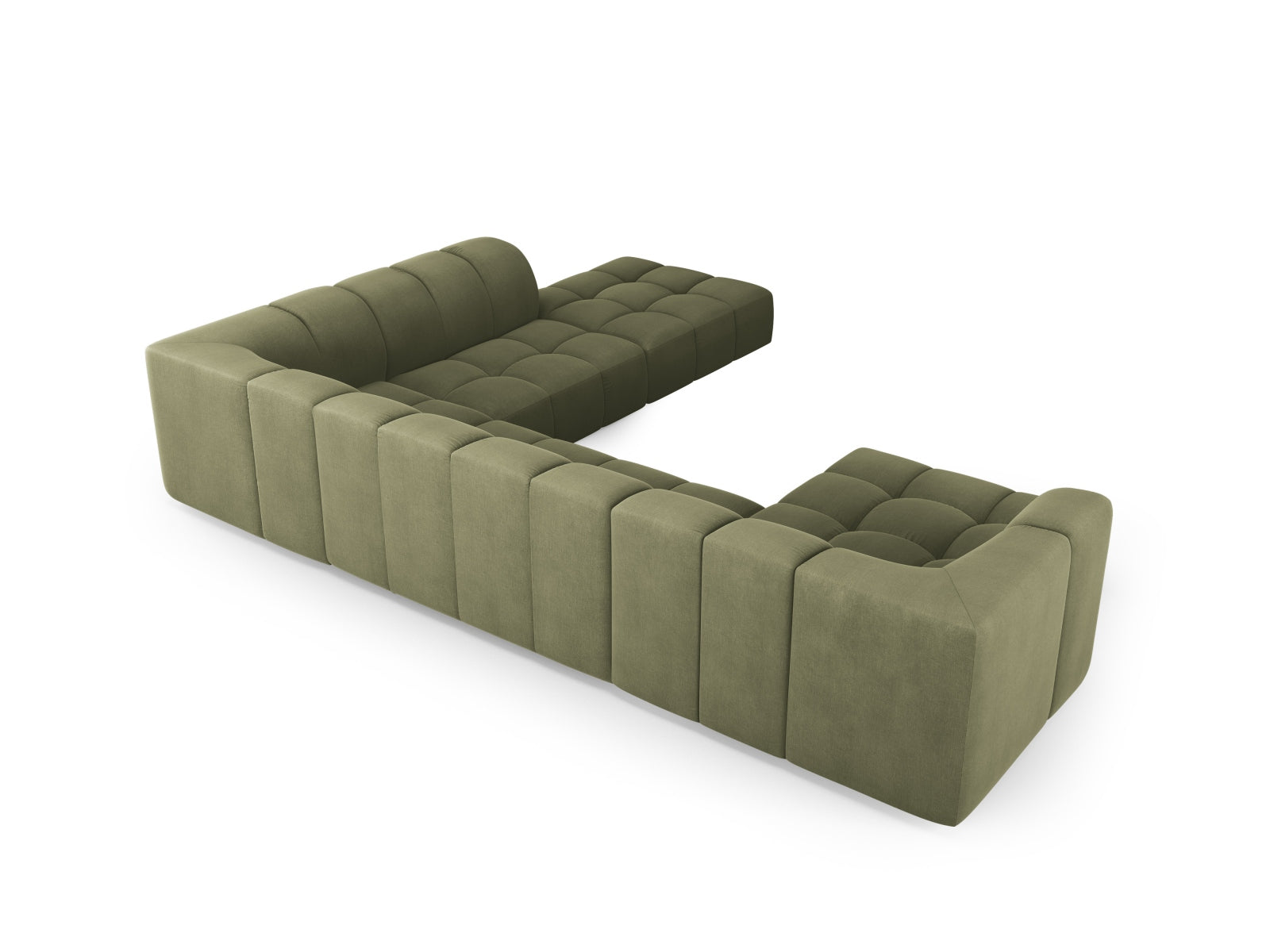 Modernes 7-Sitzer Moritz Modular Ecksofa Panoramic rechts in zartem Grün, perfekt für gemütliche und elegante Wohnambiente.