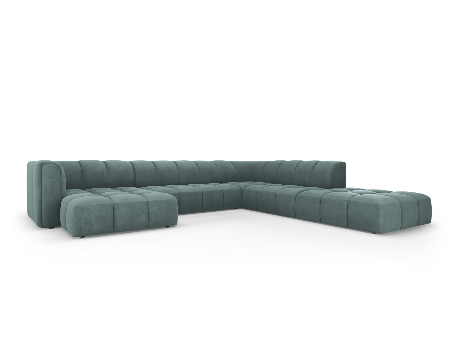 Elegantes 7-Sitzer Moritz Modular Ecksofa Panoramic rechts in stilvollem Sea Green, ideal für moderne Wohnräume.