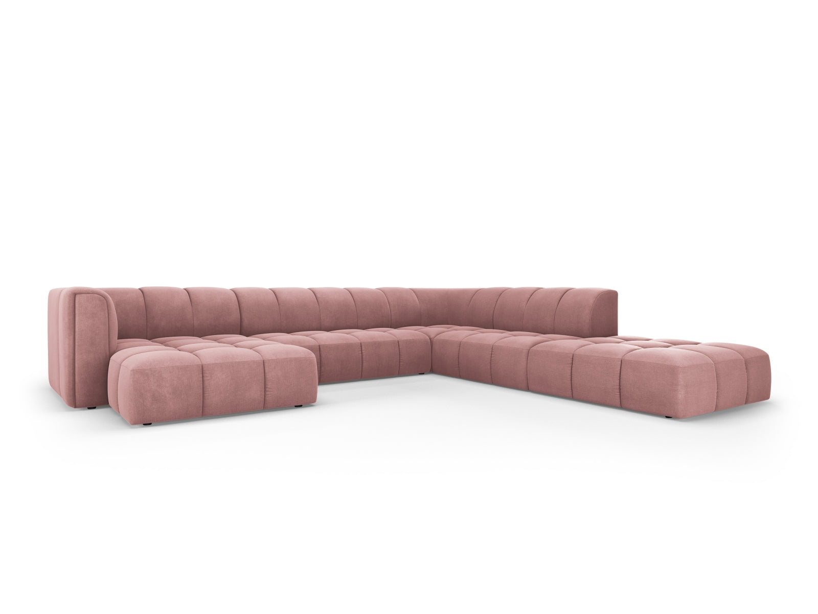 Elegantes 7-Sitzer Moritz Modular Ecksofa Panoramic rechts in stilvollem Pink, ideal für moderne Wohnräume und gemütliche Abende.