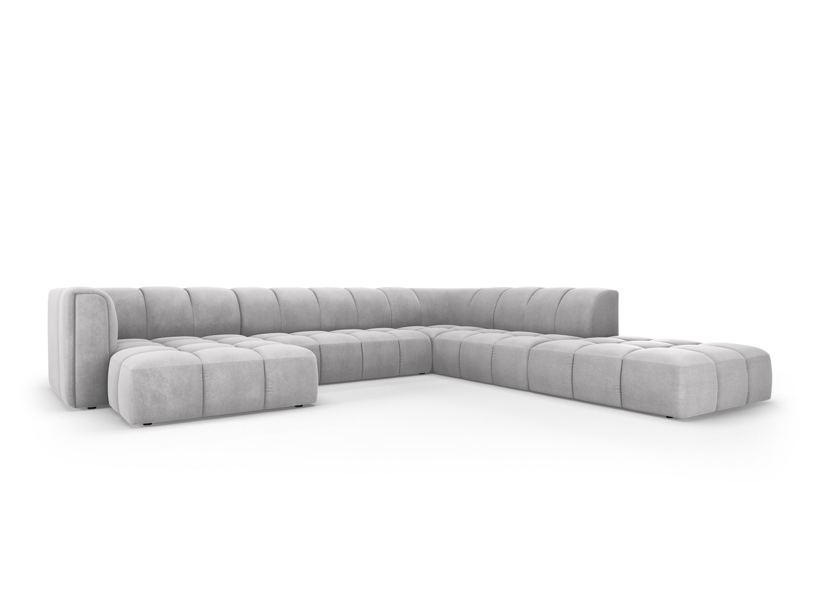 Elegantes 7-Sitzer Moritz Modular Ecksofa Panoramic rechts in hellem Grau, ideal für stilvolle Wohnräume, präsentiert von Cosmopolitan Design.