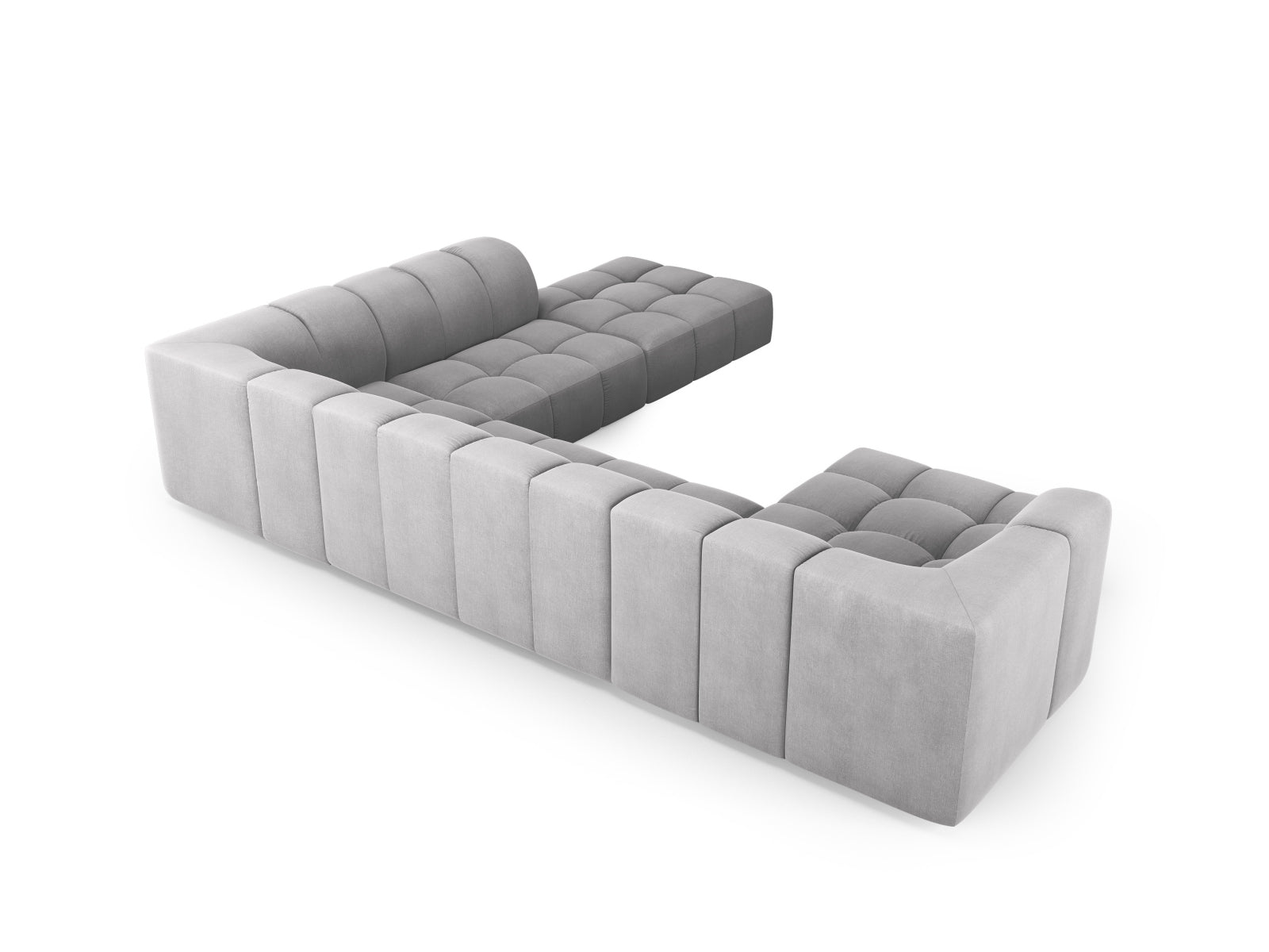 Modernes 7-Sitzer Moritz Modular Ecksofa Panoramic rechts in sanftem Grau, perfekt für gemütliche und stilvolle Wohnzimmergestaltung.
