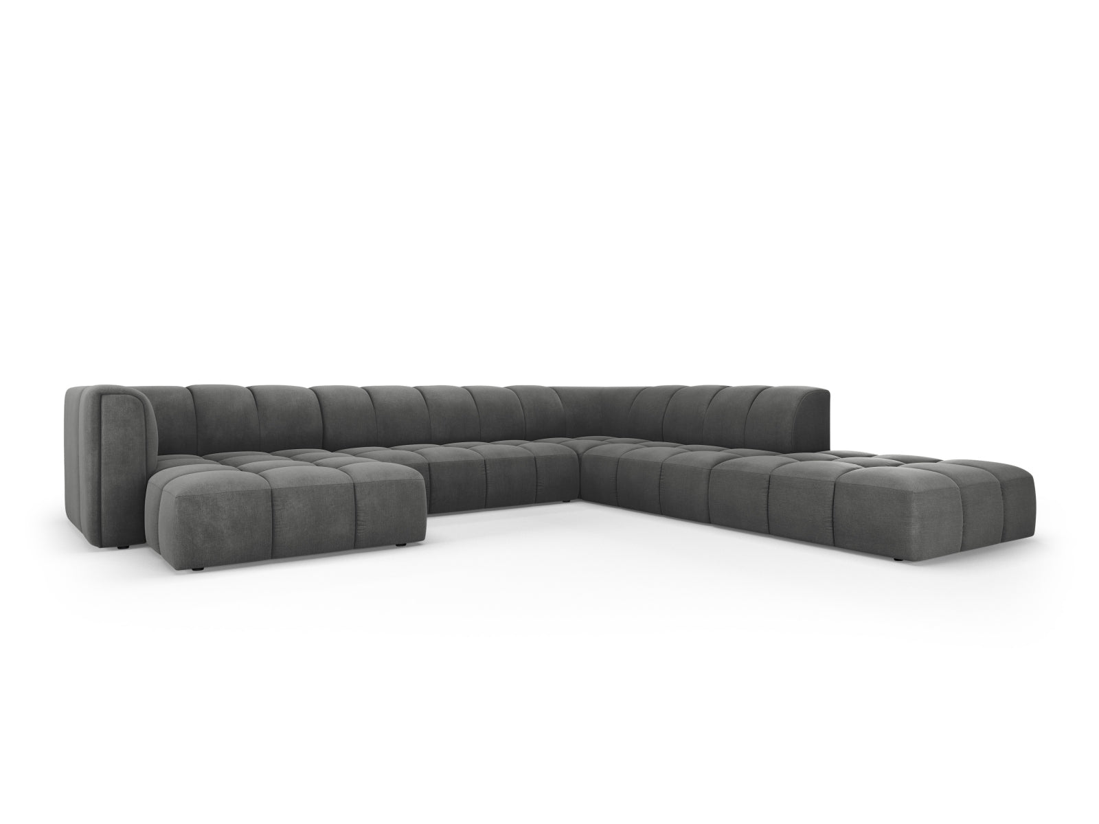Elegantes 7-Sitzer Moritz Modular Ecksofa Panoramic rechts in Dunkelgrau, ideal für stilvolle Wohnräume und gemütliche Abende.