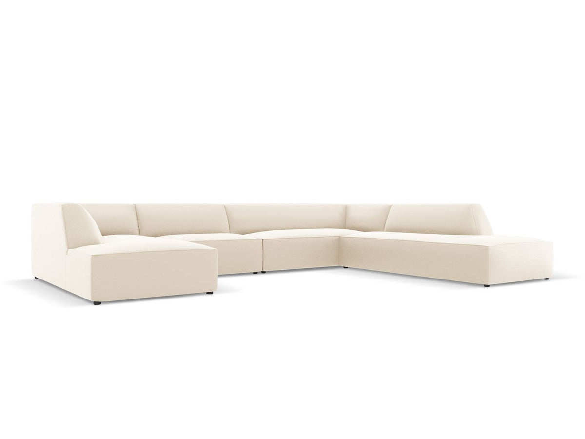 Modulares Panorama-Ecksofa rechts der Serie Siena von Cosmopolitan Design mit Kunstlederbezug Pacifico Cream, schwarzen Kunststoffbeinen und Récamiere.
