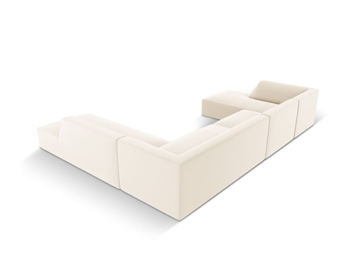 Modulares Panorama-Ecksofa rechts der Serie Siena von Cosmopolitan Design mit Kunstlederbezug Pacifico Cream, schwarzen Kunststoffbeinen und Récamiere.