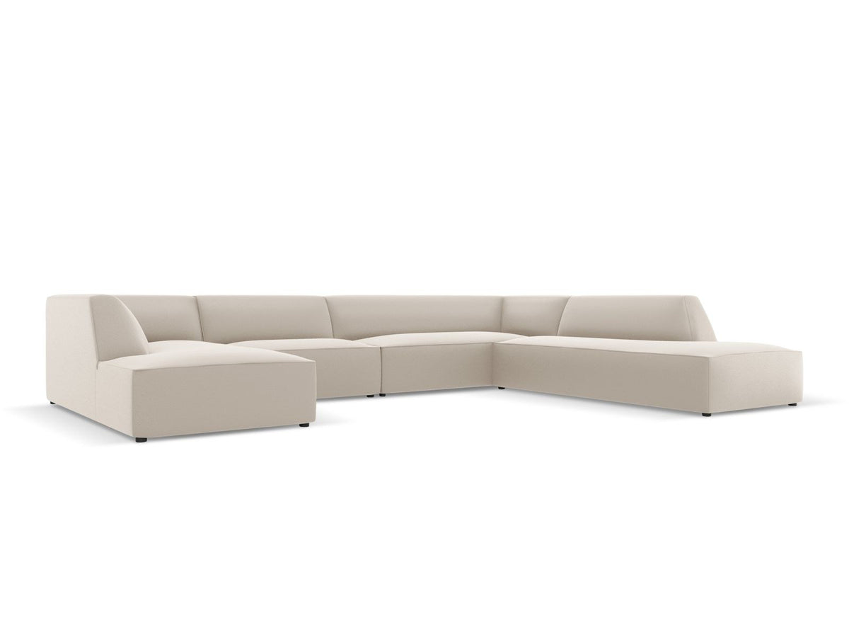Modulares Panorama-Ecksofa rechts der Serie Siena von Cosmopolitan Design mit Kunstlederbezug Pacifico Cream, schwarzen Kunststoffbeinen und Récamiere.