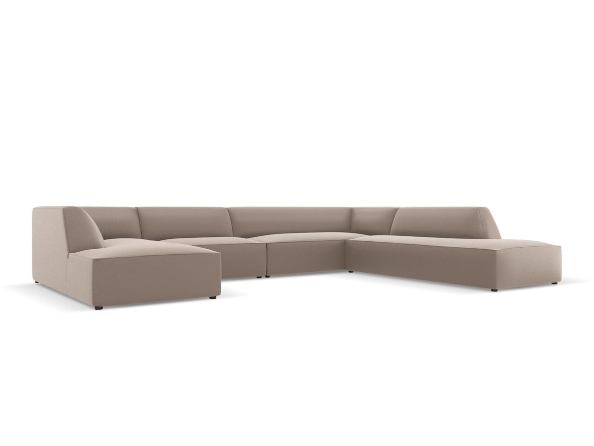 Modulares Panorama-Ecksofa rechts der Serie Siena von Cosmopolitan Design mit Kunstlederbezug Pacifico Cream, schwarzen Kunststoffbeinen und Récamiere.