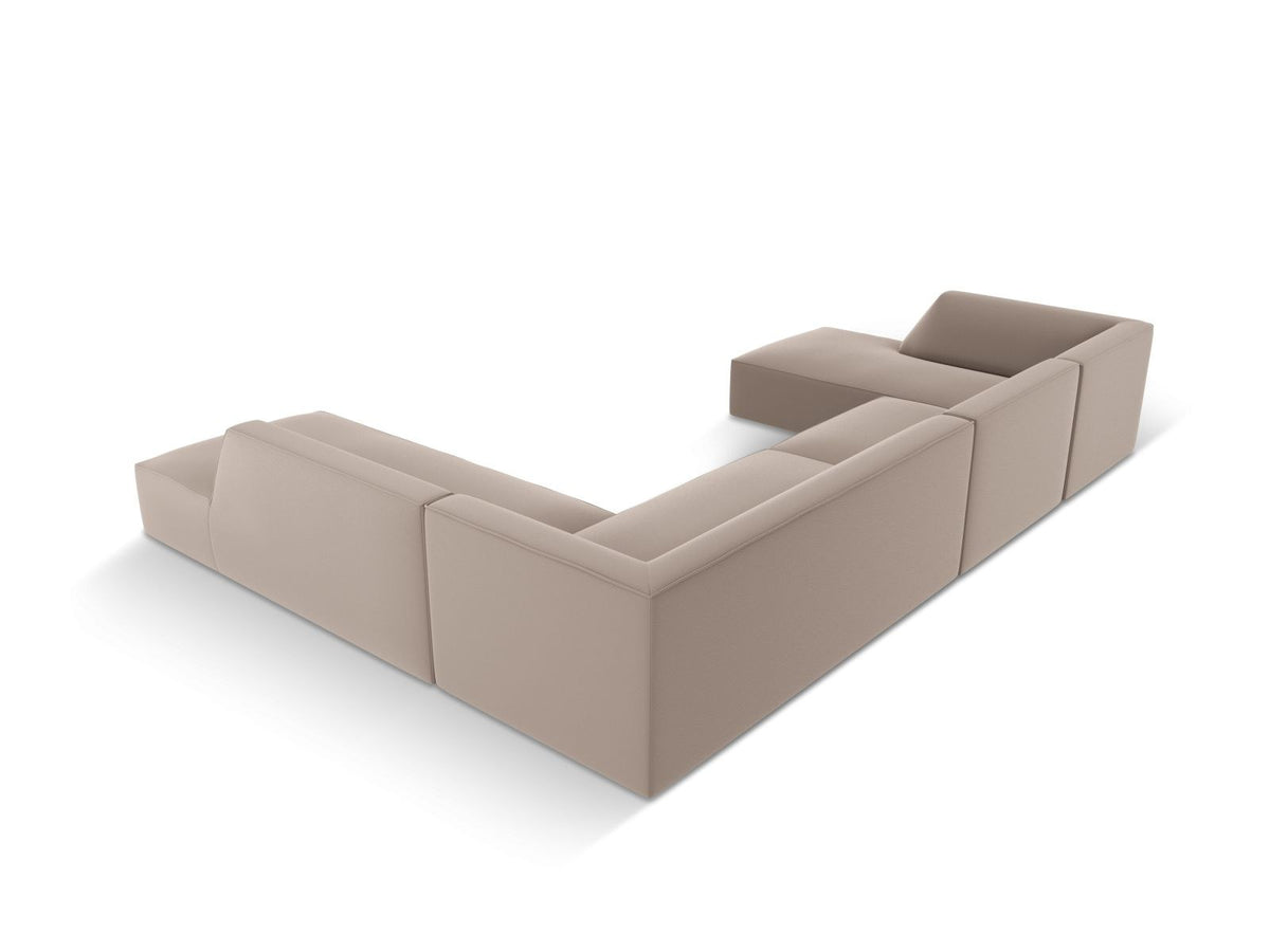 Modulares Panorama-Ecksofa rechts der Serie Siena von Cosmopolitan Design mit Kunstlederbezug Pacifico Cream, schwarzen Kunststoffbeinen und Récamiere.