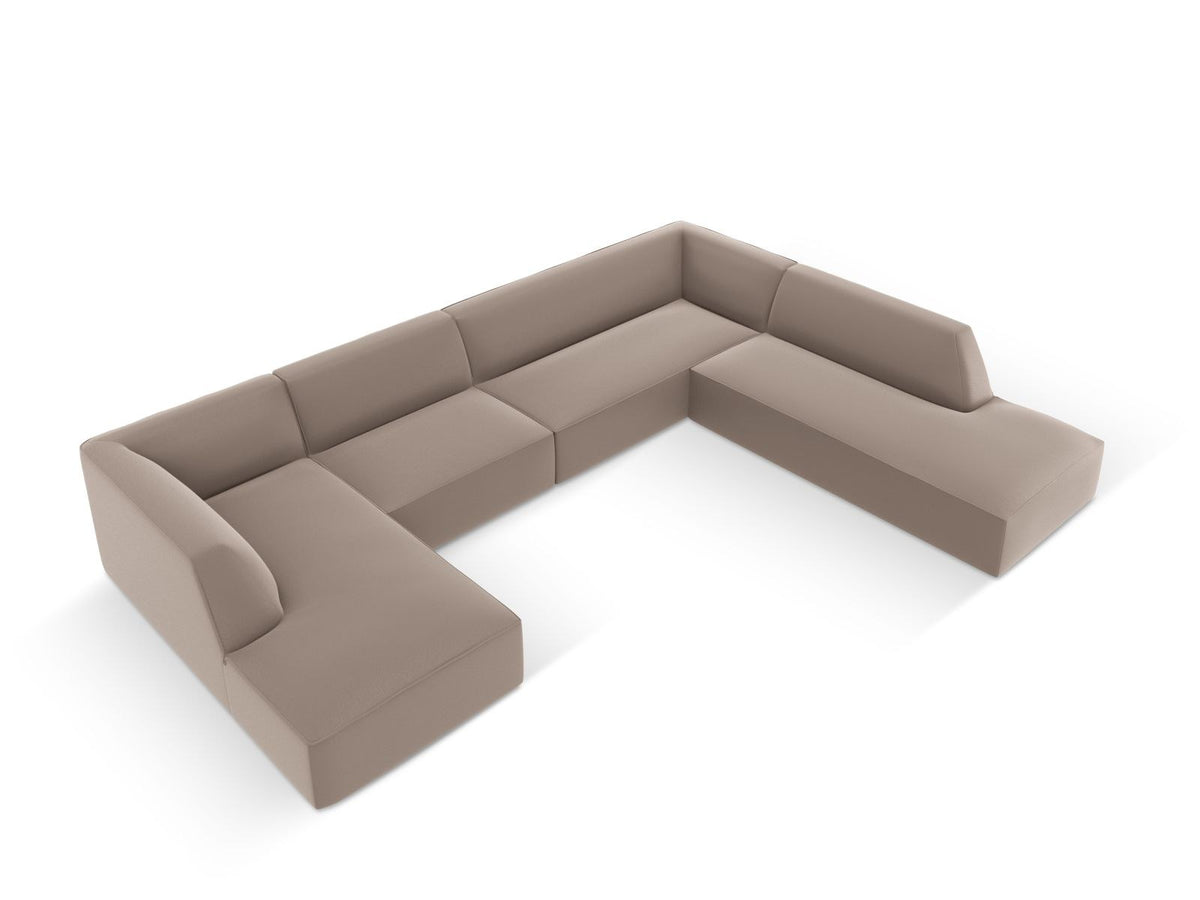 Modulares Panorama-Ecksofa rechts der Serie Siena von Cosmopolitan Design mit Kunstlederbezug Pacifico Cream, schwarzen Kunststoffbeinen und Récamiere.