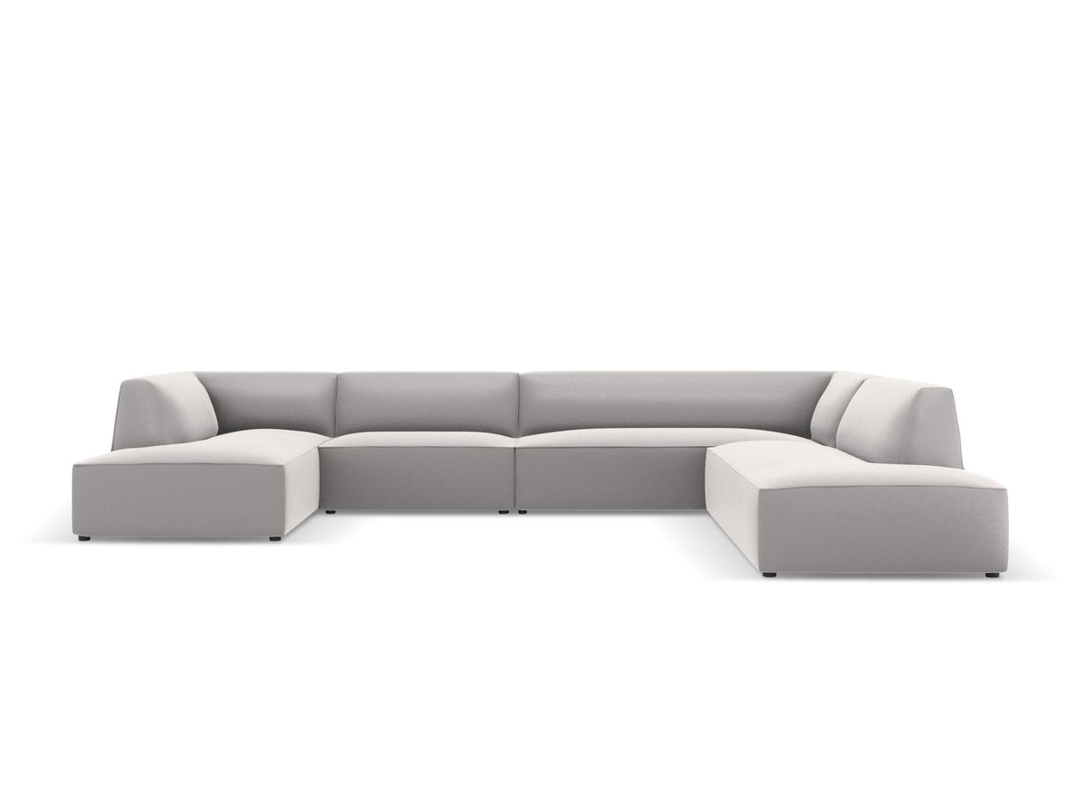 Modulares Panorama-Ecksofa rechts der Serie Siena von Cosmopolitan Design mit Kunstlederbezug Pacifico Cream, schwarzen Kunststoffbeinen und Récamiere.
